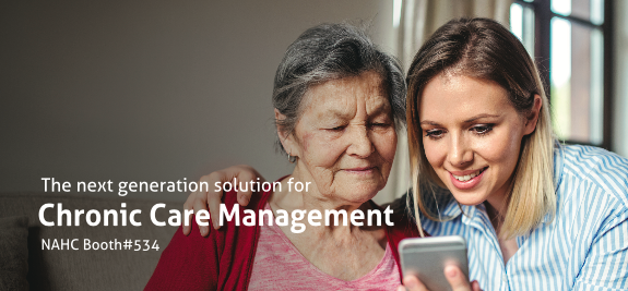 An elderly woman and a young blonde woman are looking at a smartphone together. There is text on top of the image which reads: The next generation solution for Chronic Care Management NAHC Booth#534